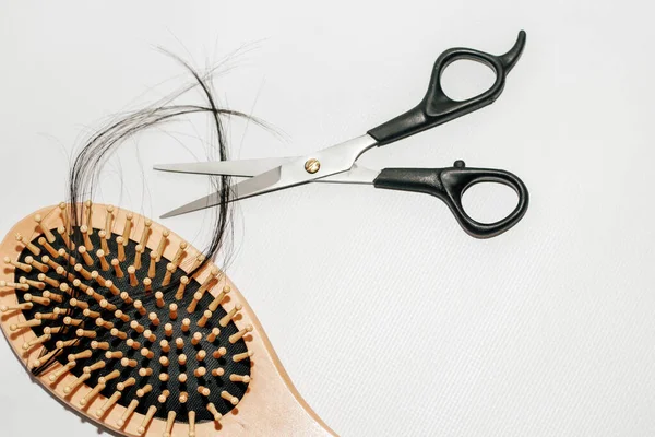 Wooden Comb Fallen Hair Scissors — Stock Photo, Image