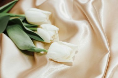 Beyaz lale buketi ipekten altın saten arka planda..