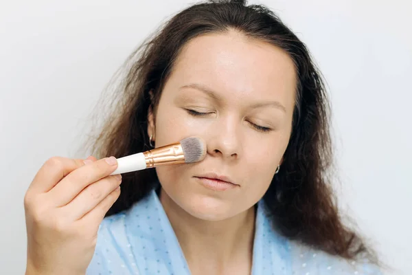 Girl Applies Tonal Corrective Cream Problematic Pigmentation Face — Foto de Stock