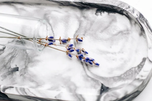 Dekoratif mermer tezgahta cam vazoda lavanta filizleri..