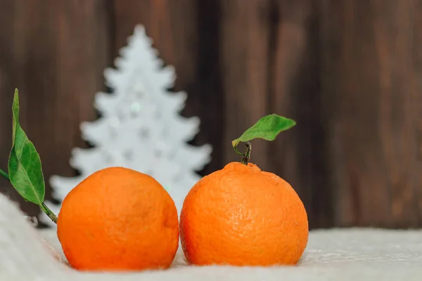 Tangerines Background New Year Wooden Christmas Decorations — Stockfoto