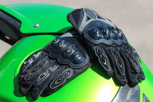 Black Protective Gloves Motobiker Plastic Inserts — Zdjęcie stockowe