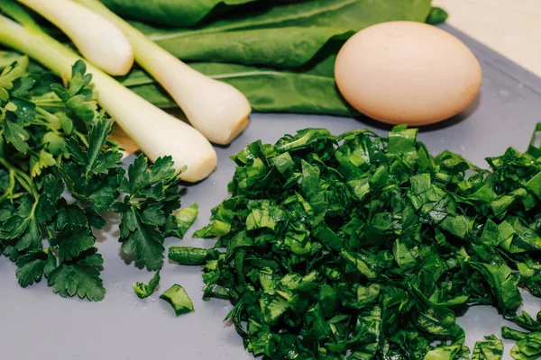 Young Green Chopped Greens Close Sour Sorrel Eggs Onions — Stock Photo, Image