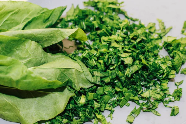 Young Green Chopped Greens Close Sour Sorrel — Stock Photo, Image