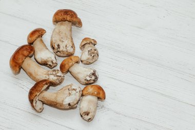 Beyaz tahtalardan yapılmış bir masada yemek için hazırlanan Boletus edulis..