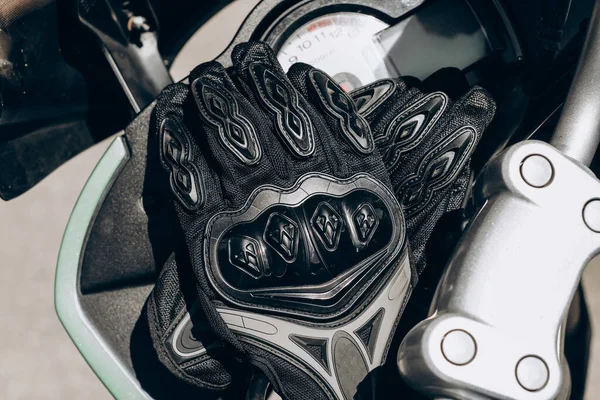 Black Protective Gloves Motobiker Plastic Inserts —  Fotos de Stock