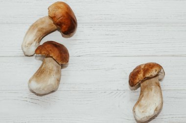 Beyaz tahtalardan yapılmış bir masada yemek için hazırlanan Boletus edulis..