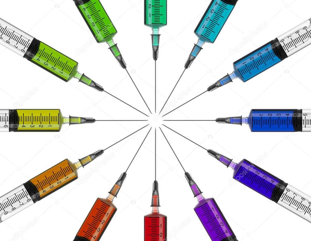 syringes in a circle with colored liquid