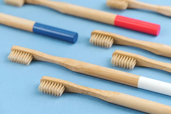 Wooden Toothbrushes Blue Background — Stock Photo, Image