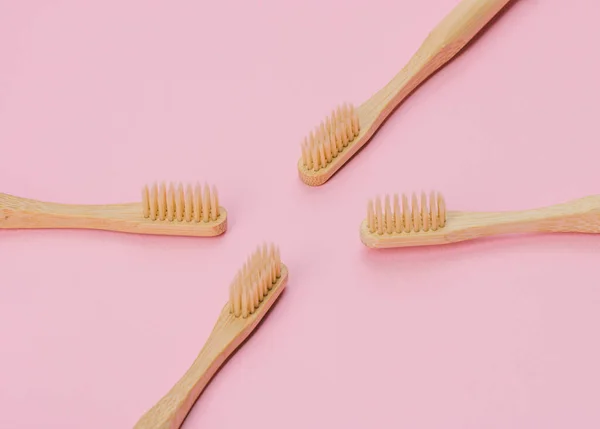 Wooden Toothbrushes Pink Background — Stock Photo, Image