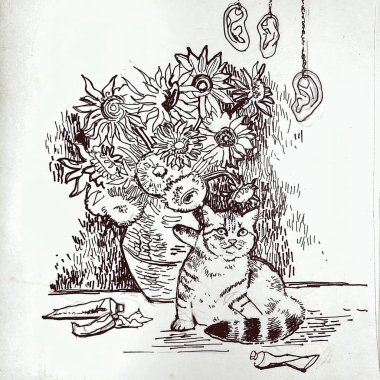 Çiçek vazosunun yanında bir kedi resmi