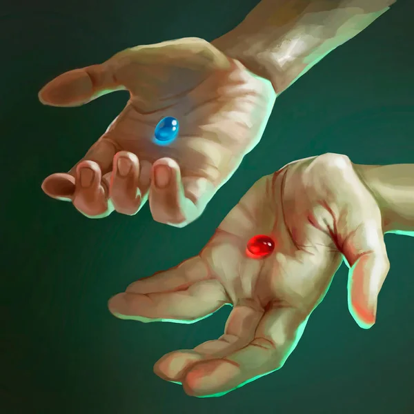 Dwie Ręce Trzymają Niebieskie Czerwone Tabletki Dłoniach Obraz Stockowy