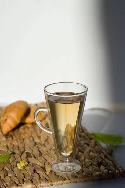Tall Glass Cup Linden Tea Sun Dawn Morning Herbal Tea — Stock Photo, Image