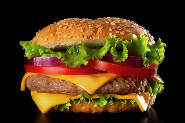 Beautiful and juicy burger close-up on black background — Stock Photo, Image