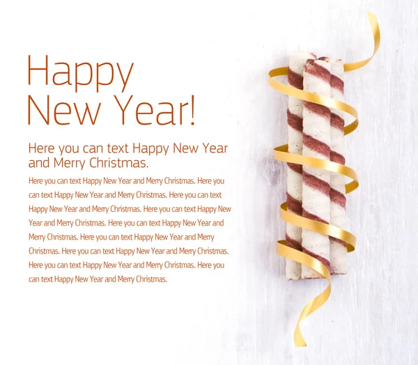 New Year and Christmas Card with Cookies and Festive Ribbon — Stock Photo, Image