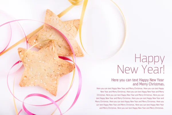 New Year and Christmas Card with Cookies and Festive Ribbon — Stock Photo, Image