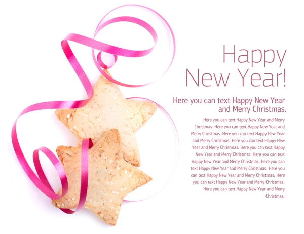 Nouvel An et carte de Noël avec biscuits et ruban de fête — Photo