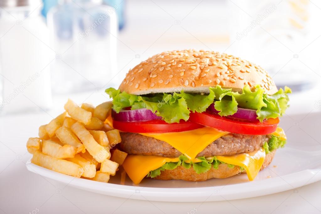 Burger and French Fries on the plate.
