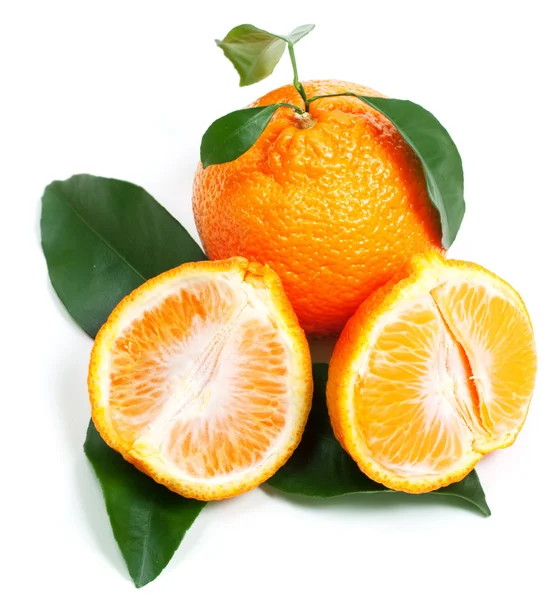 Reife Mandarine mit grünem Blatt — Stockfoto