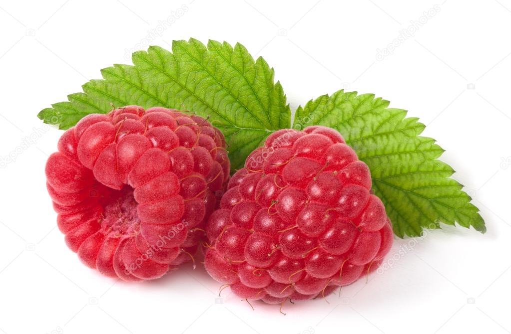 Rasberry with leaf on white background