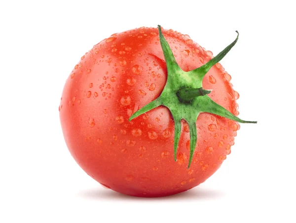 Tomato with green leaf and drops — Stock Photo, Image