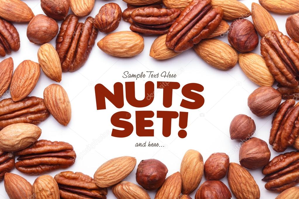 Nuts Set background with copyspace on a white background