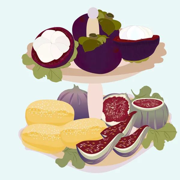 Exotické ovoce a sušenky na talíři — Stockový vektor