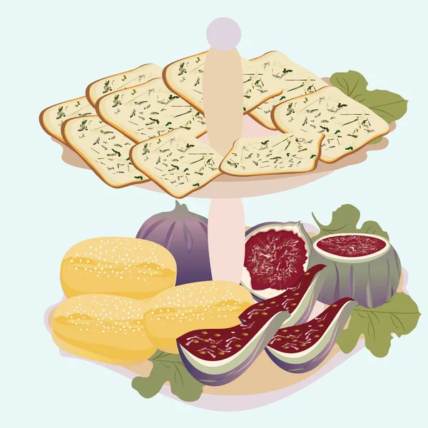 Fruit, koekjes, blauwe kaas, vijgen voor het ontbijt — Stockvector