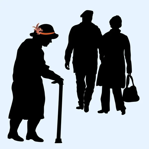 Couples silhouettes running and an old woman — Stock Vector