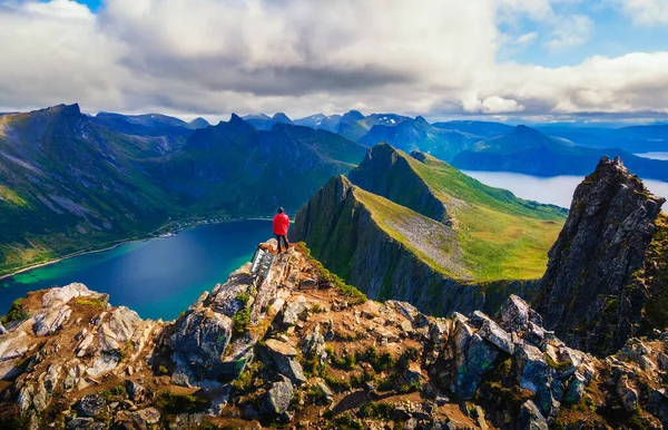 노르웨이 정상에서 피오르드와 주변을 둘러싼 장관을 감상하는 등산객 — 스톡 사진