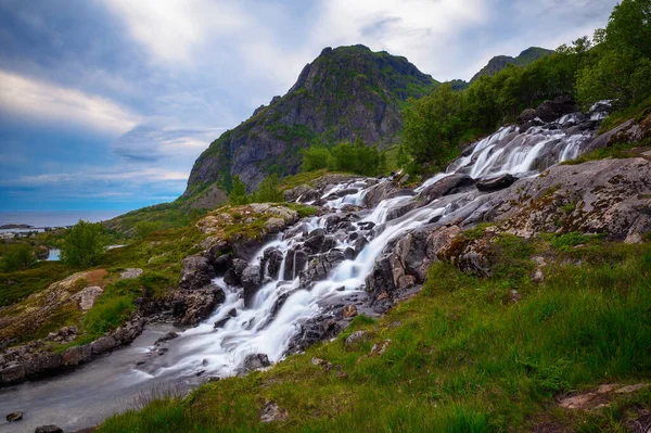 Lofoten Waterfall Summer Moskenesoya Lofoten Islands Norway Long Exposure —  Fotos de Stock