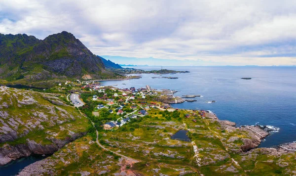 Fishing Village Surrounded High Mountains Fjords Lofoten Islands Norway Aerial — Fotografia de Stock