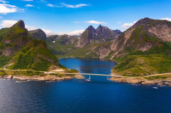 Aerial View Road Bridge Djupfjorden Fjord Surrounded High Mountains Fjord — 图库照片