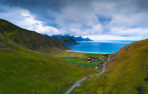 Aerial View Haukland Beach Lofoten Islands Norway Surrounded High Mountains — Stok fotoğraf