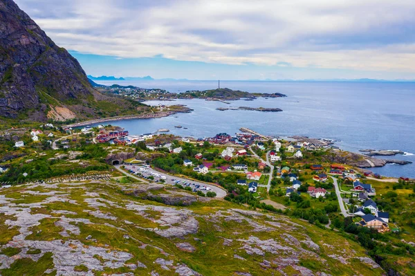 Fishing Village Surrounded High Mountains Fjords Lofoten Islands Norway Aerial — Stockfoto