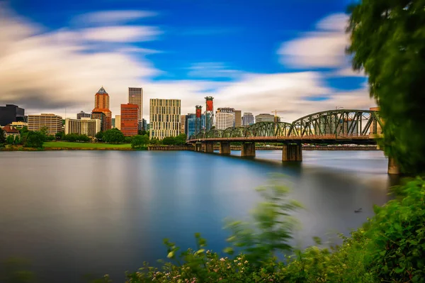 Portland downtown, historic Hawthorne Bridge and the Willamette River in Portland, Oregon. Long exposure.