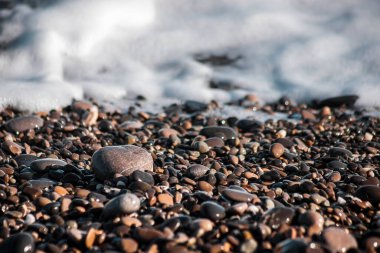 Deniz kıyısında çakıl taşları. Islak çakıl taşları. Sörf çizgisi. Deniz köpüğü. Yakın plan. Seçici odaklanma. Doğal arkaplan.