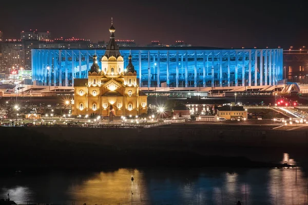 Nijni Novgorod Russie Août 2021 Lumières Ville Nocturne Temple Reflète — Photo
