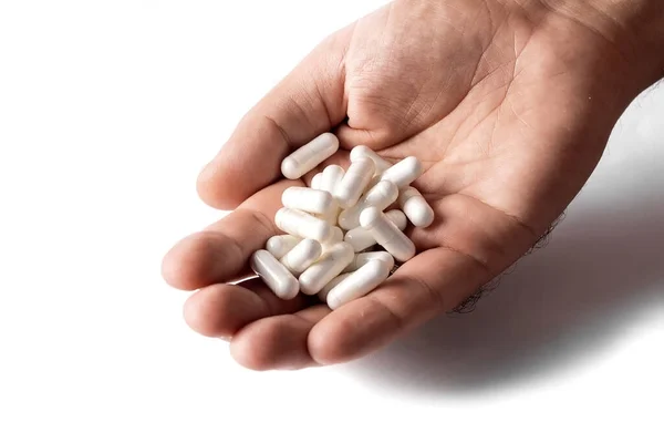 Man Hand Holds Pills Capsules White Medicines Isolate White Background — Stock Photo, Image