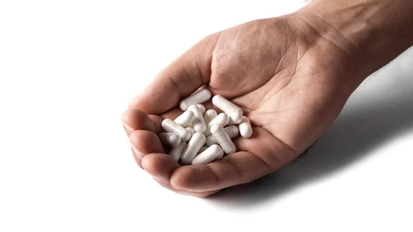 Man Hand Holds Pills Capsules White Medicines Isolate White Background — Stock Photo, Image