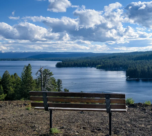 Ławce w parku z widokiem na jezioro payette, mccall, idaho — Zdjęcie stockowe