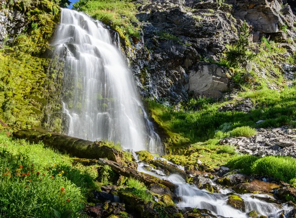 Vattenfall med blommor i kratersjö national park — Stockfoto