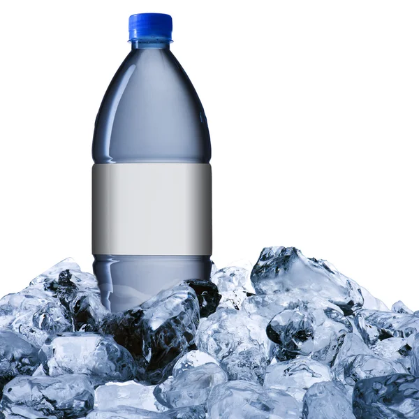 Drinking water bottle on ice cubes — Stock Photo, Image
