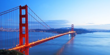 Panorama of Golden Gate Bridge at sunset