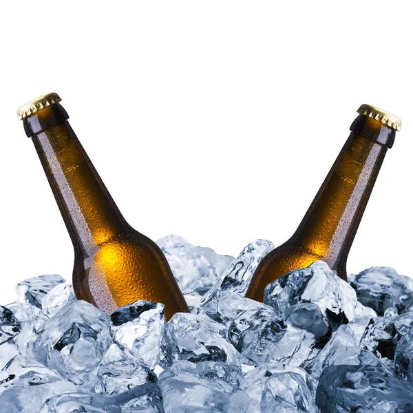 Beer bottles with ice cube — Stock Photo, Image