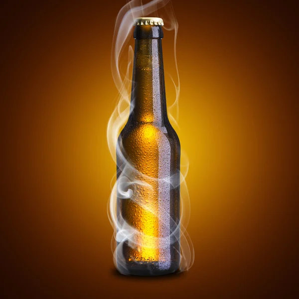 Botella de cerveza fría con humo frío —  Fotos de Stock