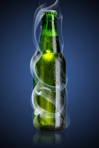 Cold beer bottle with chill smoke — Stock Photo, Image