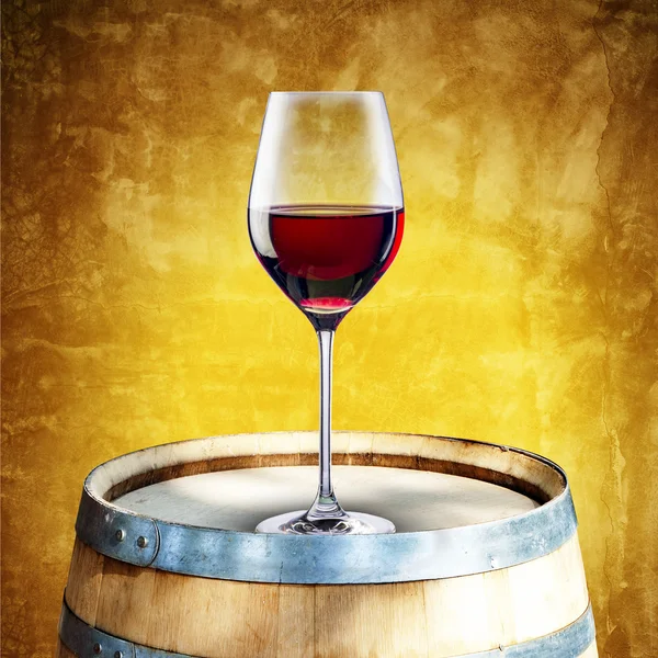 Red wine on wood barrel — Stock Photo, Image
