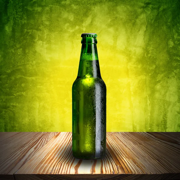 Cold Bottle of Beer on wood table — Stock Photo, Image