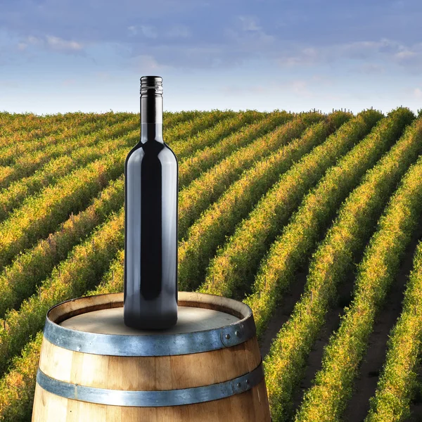 Bottle of red wine on wood barrel — Stock Photo, Image